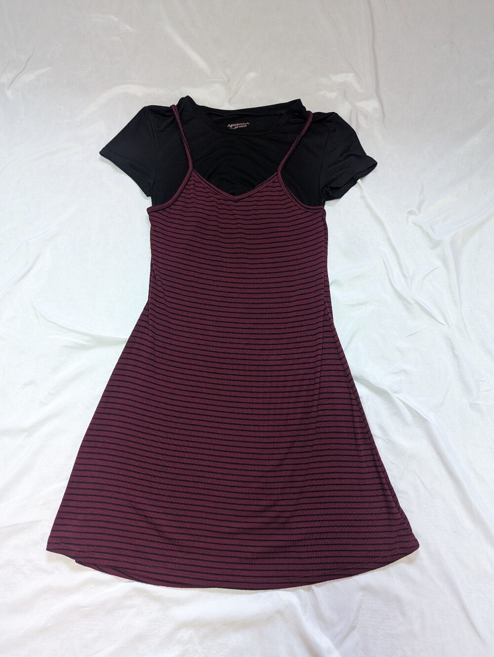 Arizona Jean Co. Vintage Y2K Layered T-shirt Dress Black Burgundy Stripes Grunge